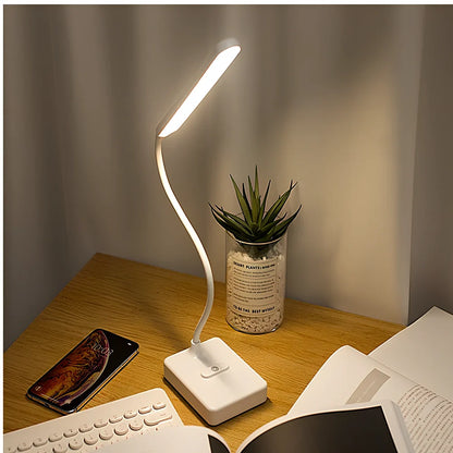 White LED desk lamp with adjustable arm and touch controls showing three colour temperature options