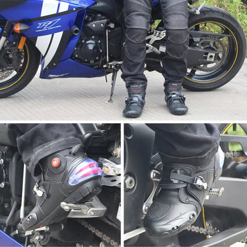 Road motorcycle ankle boots with anti-twist design in red, black, and white