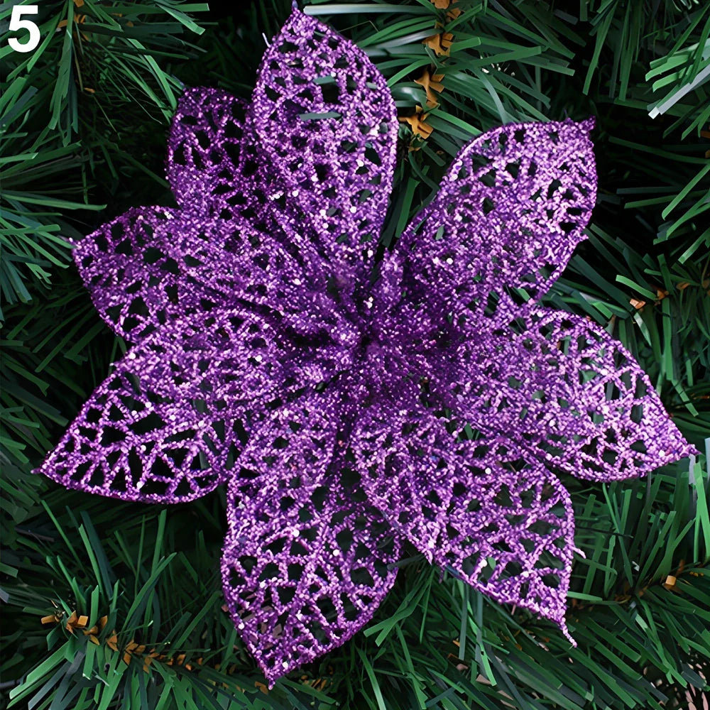 Set of 10 golden 15cm glitter flowers for Christmas trees in gold, silver, red colours