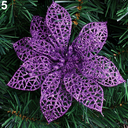 Set of 10 golden 15cm glitter flowers for Christmas trees in gold, silver, red colours