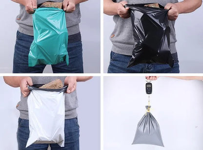 A pack of flat, sealed white PE plastic courier bags with an adhesive strip, showing size options and colour variations.