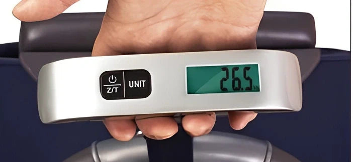 Black T-shaped electronic scales with backlit LCD display showing weight measurement