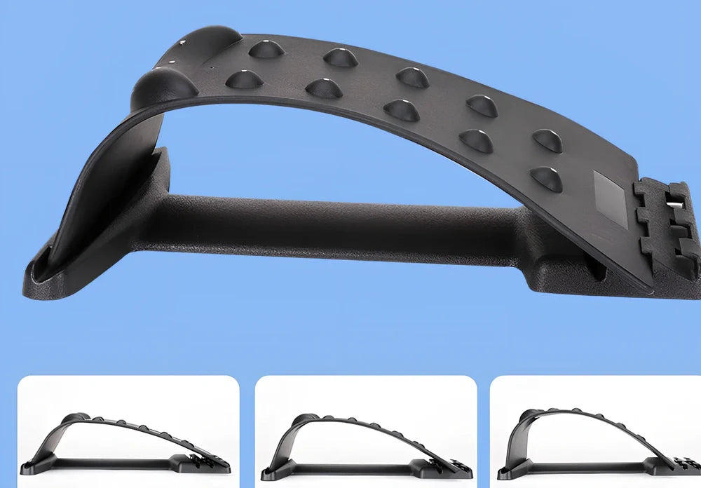 Black cervical traction device with adjustable height settings for neck support