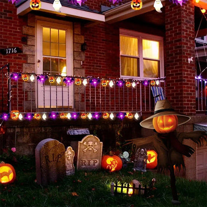 LED Halloween string lights with pumpkin, spider, bat, and skull designs for indoor and outdoor decor