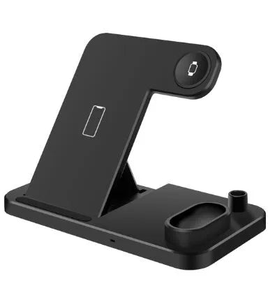 4-in-1 wireless charging station with adjustable magnetic stand charging phone, watch, AirPods, and Apple Pencil