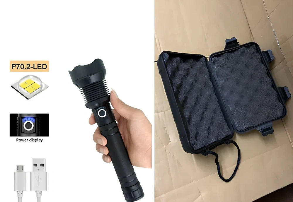 Black aluminium USB rechargeable flashlight with telescopic zoom, showing extended and retracted positions