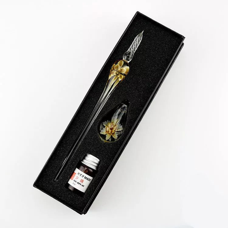 Crystal Flower Glass Dip Pen Set with elegant floral design and smooth writing nib