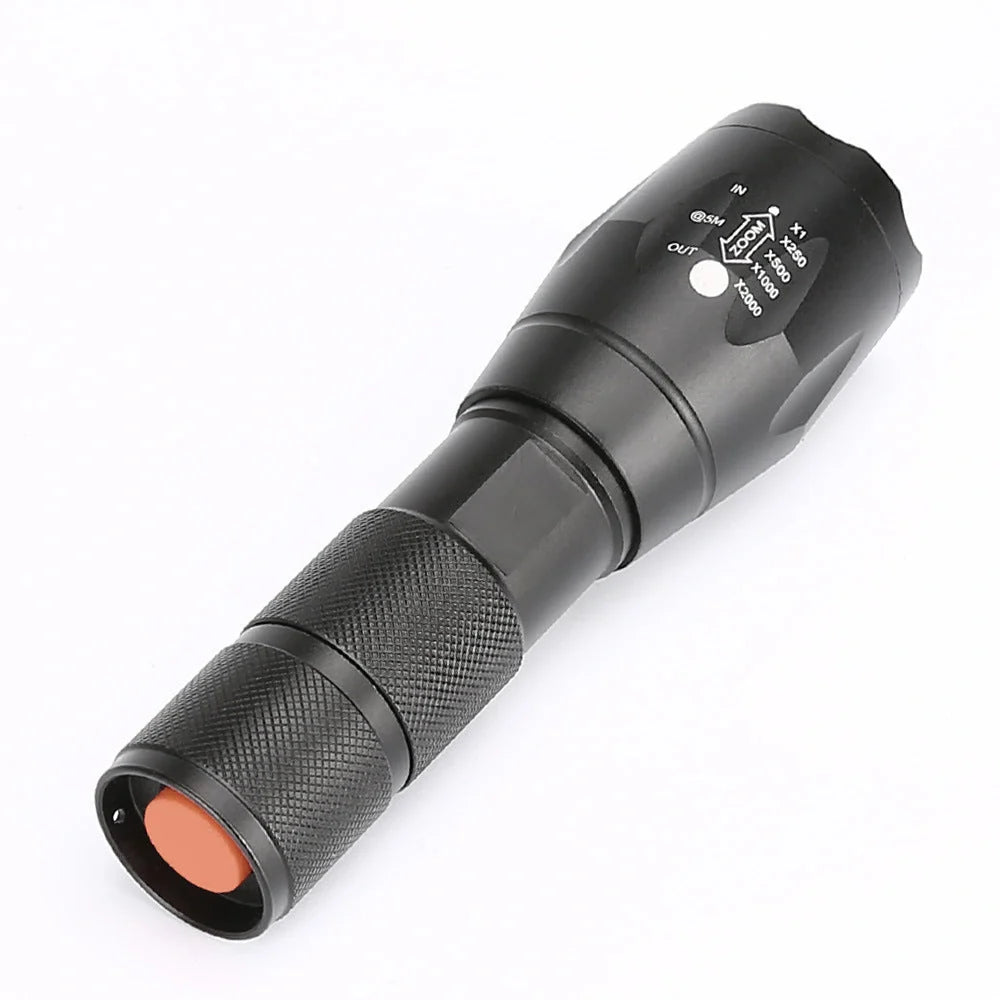Zoomable LED flashlight for outdoor adventures, adjustable focus, durable aluminum alloy construction.