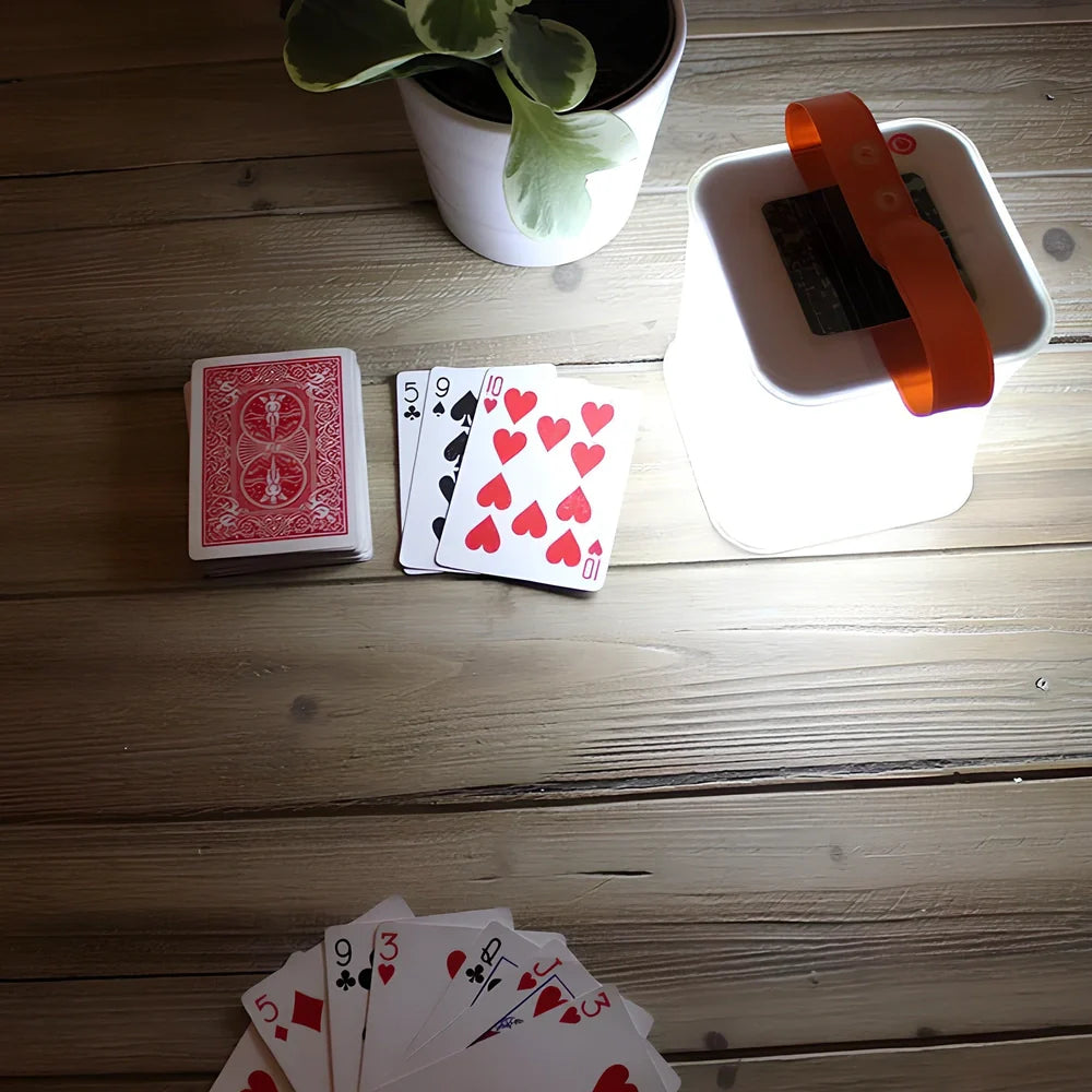 White inflatable solar LED lantern showing collapsed and inflated states with waterproof IP55 rating details