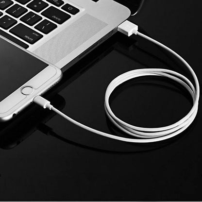 White USB wall charger with UK plug and a white Lightning cable for iPhone and iPad charging