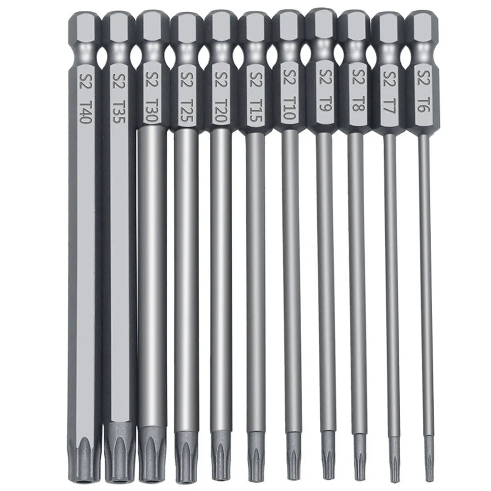 Set of alloy hexagon handle screwdrivers in 50mm, 75mm, and 100mm lengths with plum blossom hollow tips.