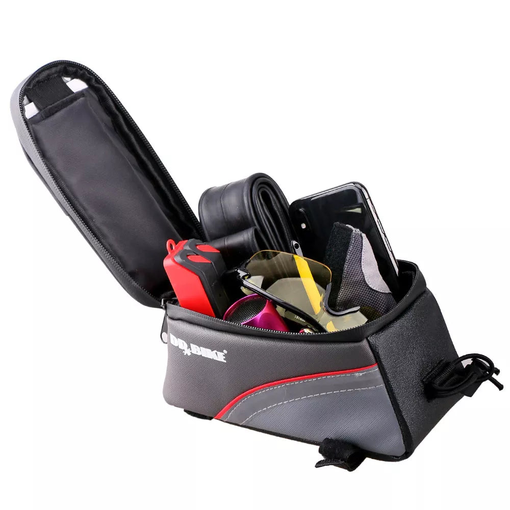 Dr.Bike Red Frame Front Top Tube Bags Phone Bike Pouch on a bicycle