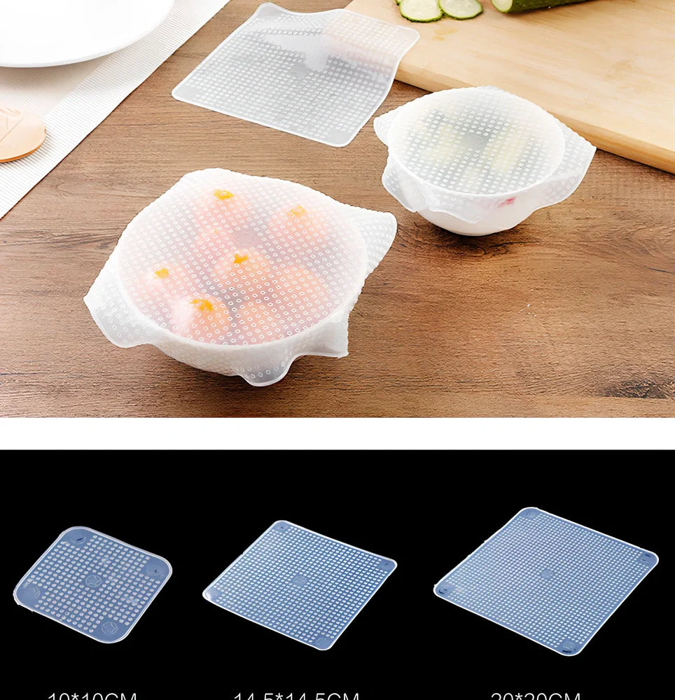 Reusable silicone stretch film covering bowl showing stretch capability and airtight seal