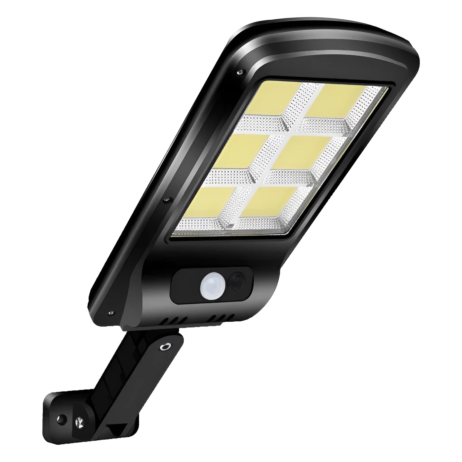Black solar motion sensor security light for outdoor garden or fence installation with IP65 waterproof rating