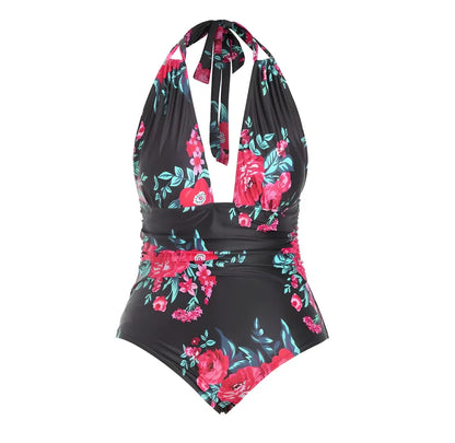 Black printed one-piece swimsuit with V-neck and adjustable straps, sizes XL to 5XL