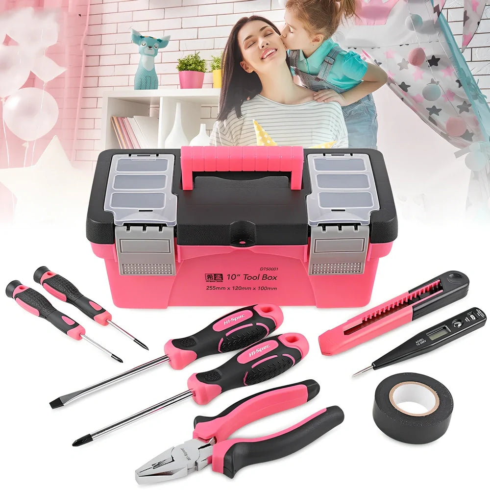 8-piece household tool kit with carbon steel tools in organised 10-inch toolbox including screwdrivers and test pencil