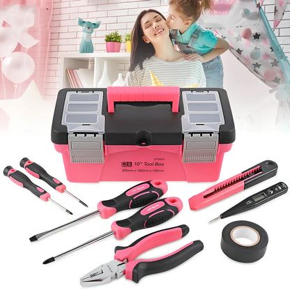 8-piece household tool kit with carbon steel tools in organised 10-inch toolbox including screwdrivers and test pencil