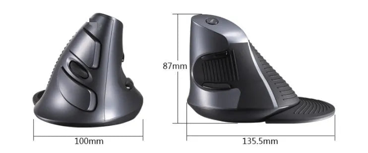 M 618 wireless vertical mouse in black showing 57-degree tilt angle and three-button design with scroll wheel