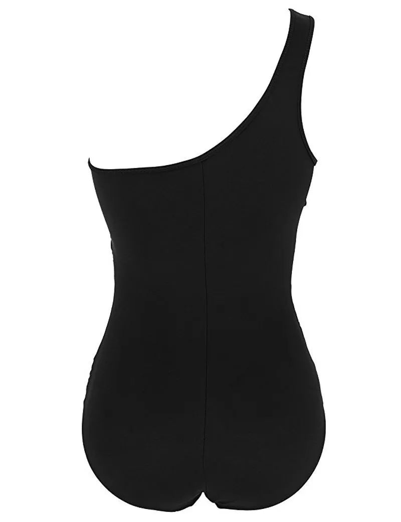 Women's plus size one-piece swimsuit in solid colour nylon with chest pad, available in black, blue, and red, sizes M to 4XL.