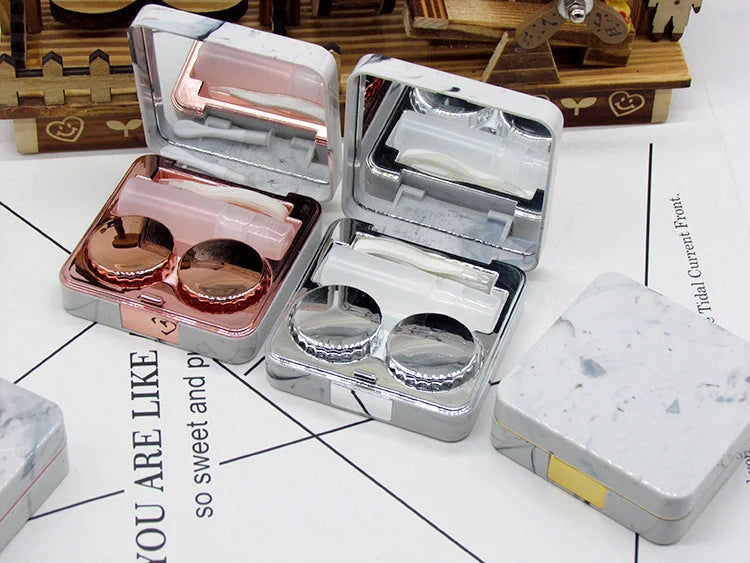 Square contact lenses case with marble surface and mirror, includes lens care accessories