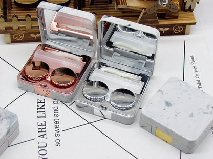 Square contact lenses case with marble surface and mirror, includes lens care accessories