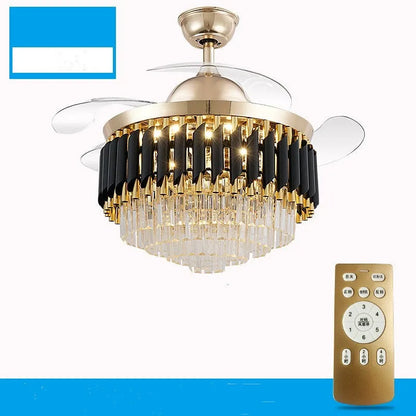 Crystal lampshade LED ceiling fan light with remote control on a white ceiling.