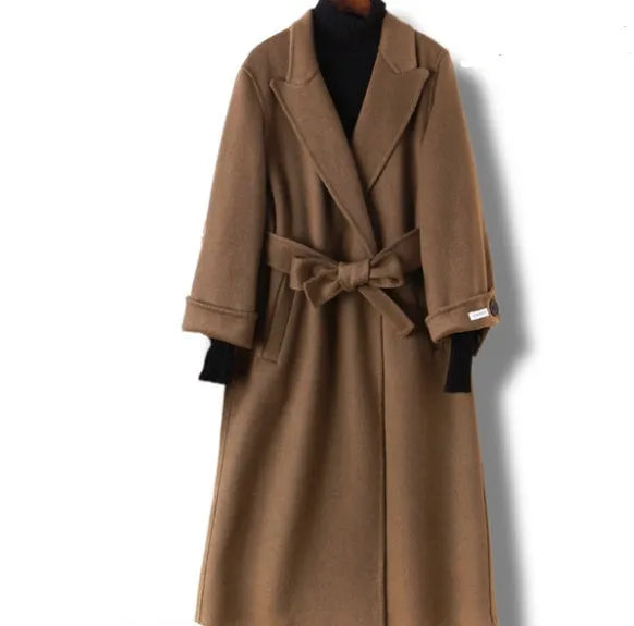 Long wool coat with suit collar in black and caramel colour options