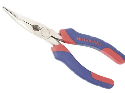 Blue curved nose pliers with dual-colour sleeve handles for precision work.