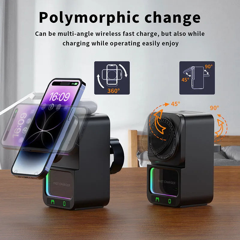 White and black Bluetooth speaker with 5-in-1 wireless charging station showing QC3.0 charging support