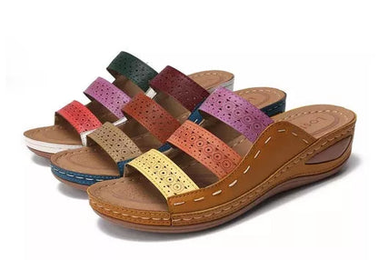 Large Size Women Hollow Out Rainbow Stitching Slippers in Blue, White, and Brown