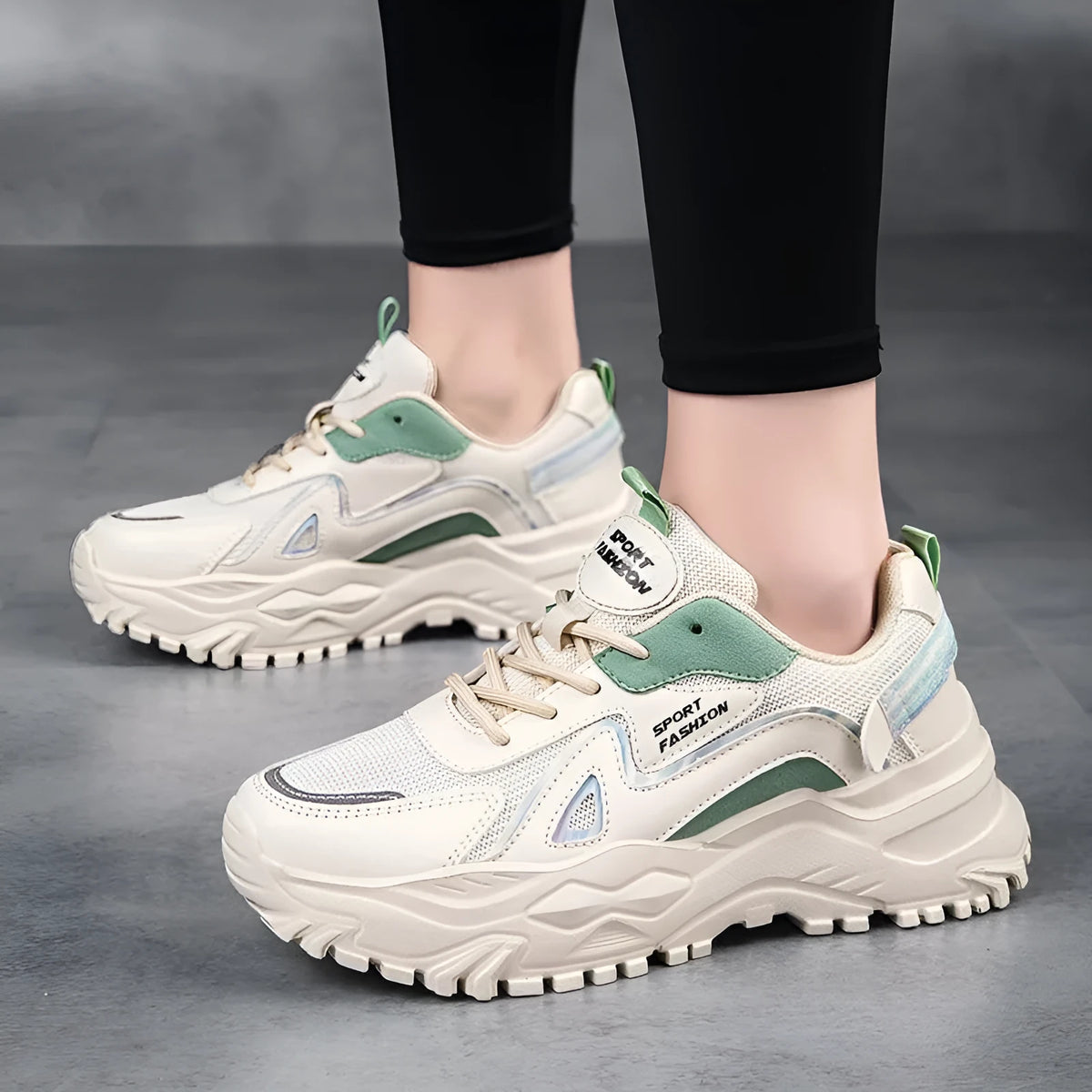 Low top casual board shoes in beige green with mesh upper and round toe.