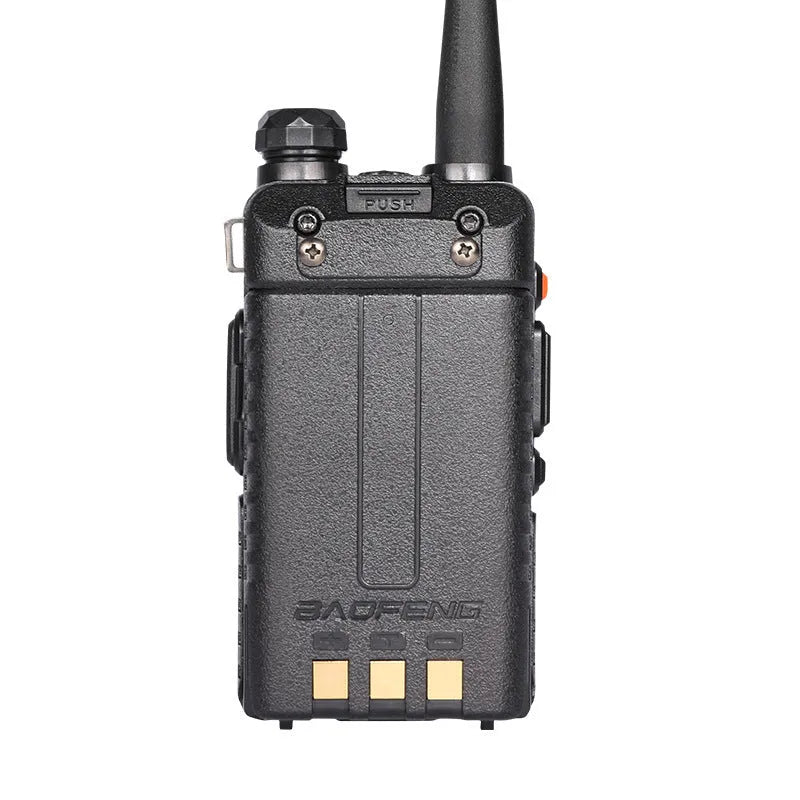 Black walkie talkie with LCD display showing 128 channels, compact dimensions of 110x58x32mm.