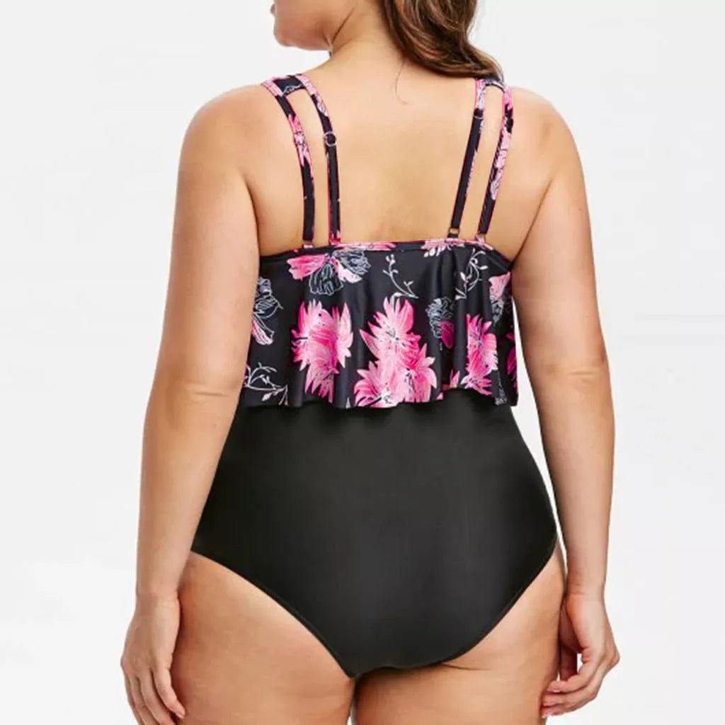High waist lotus print swimsuit in vibrant colors, sizes XL to 5XL