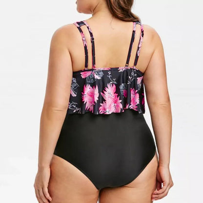High waist lotus print swimsuit in vibrant colors, sizes XL to 5XL
