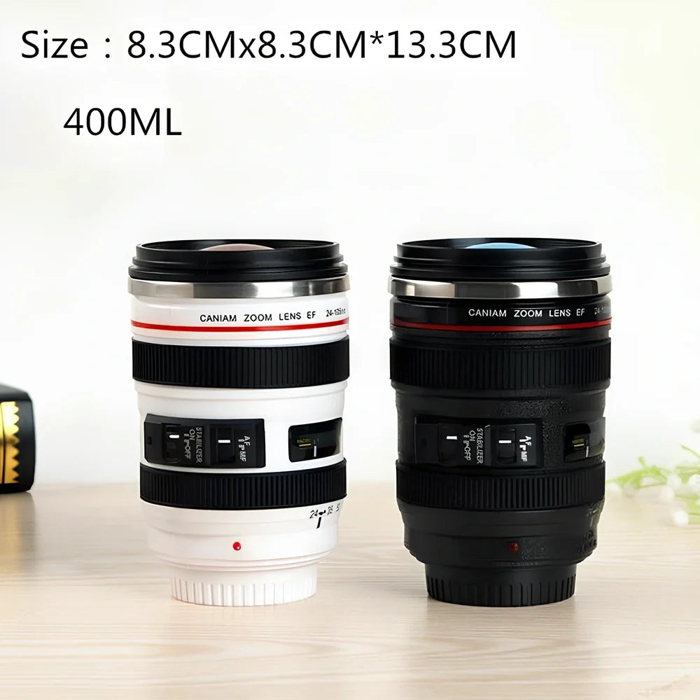 Stainless steel camera lens design travel mug with 400ml capacity and insulation