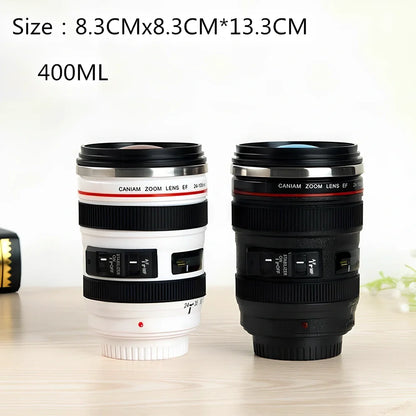 Stainless steel camera lens design travel mug with 400ml capacity and insulation