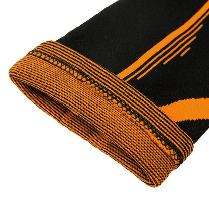 Knitted jacquard children's nylon knee pads in orange and black or grey and black for active play protection