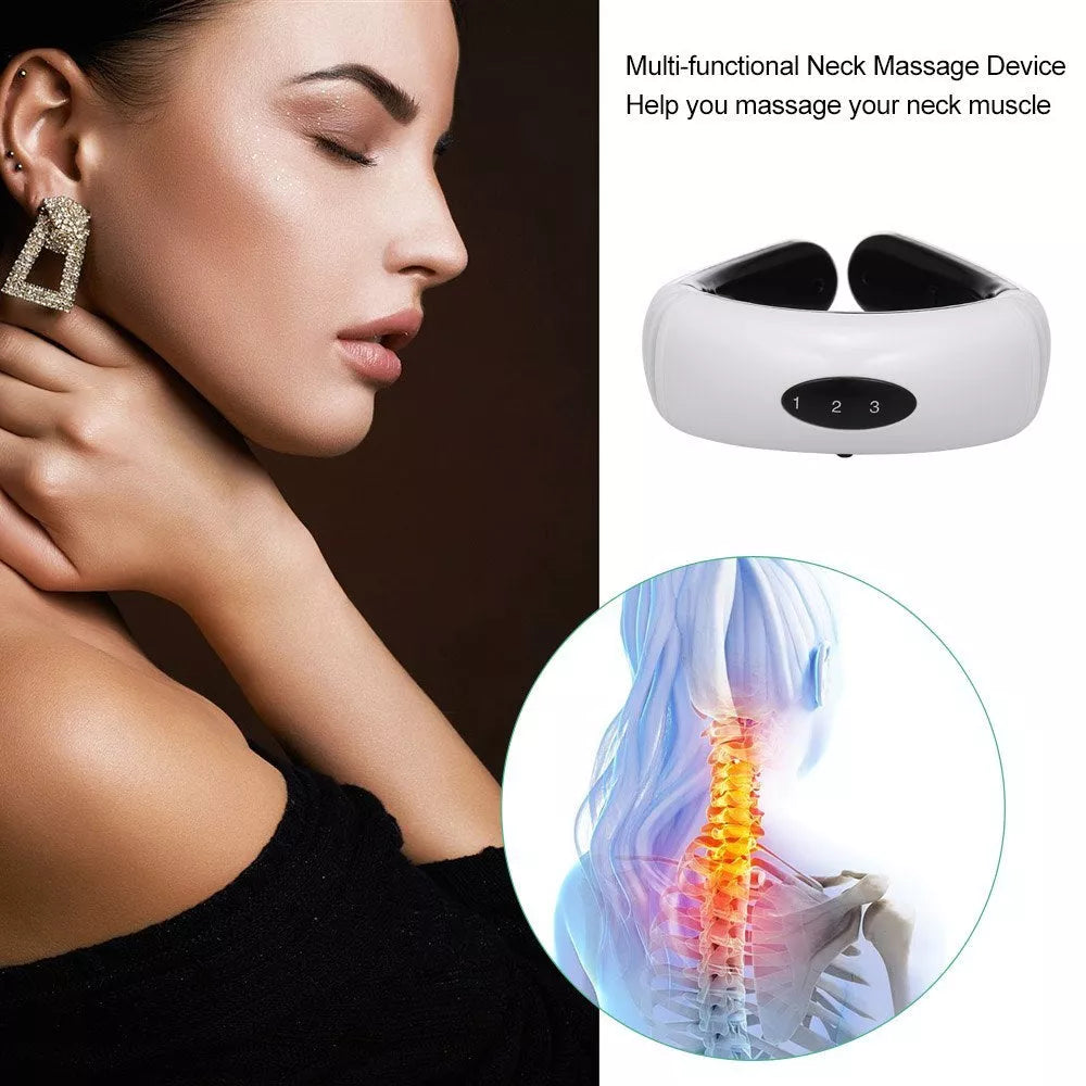 Cervical massager with 6 modes for neck tension relief, white color, includes gel strips