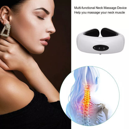 Cervical massager with 6 modes for neck tension relief, white color, includes gel strips