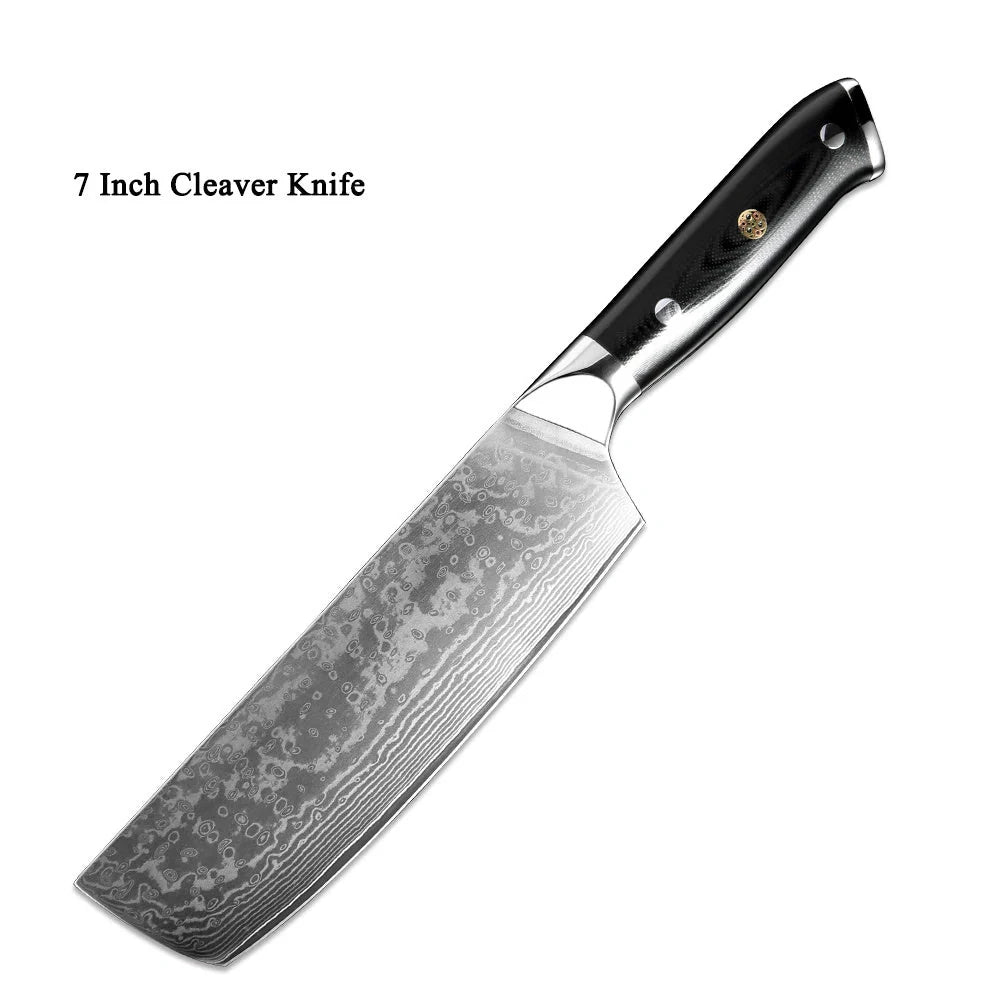 Japanese Damascus steel kitchen knife set with G10 handle, 67-layer blade