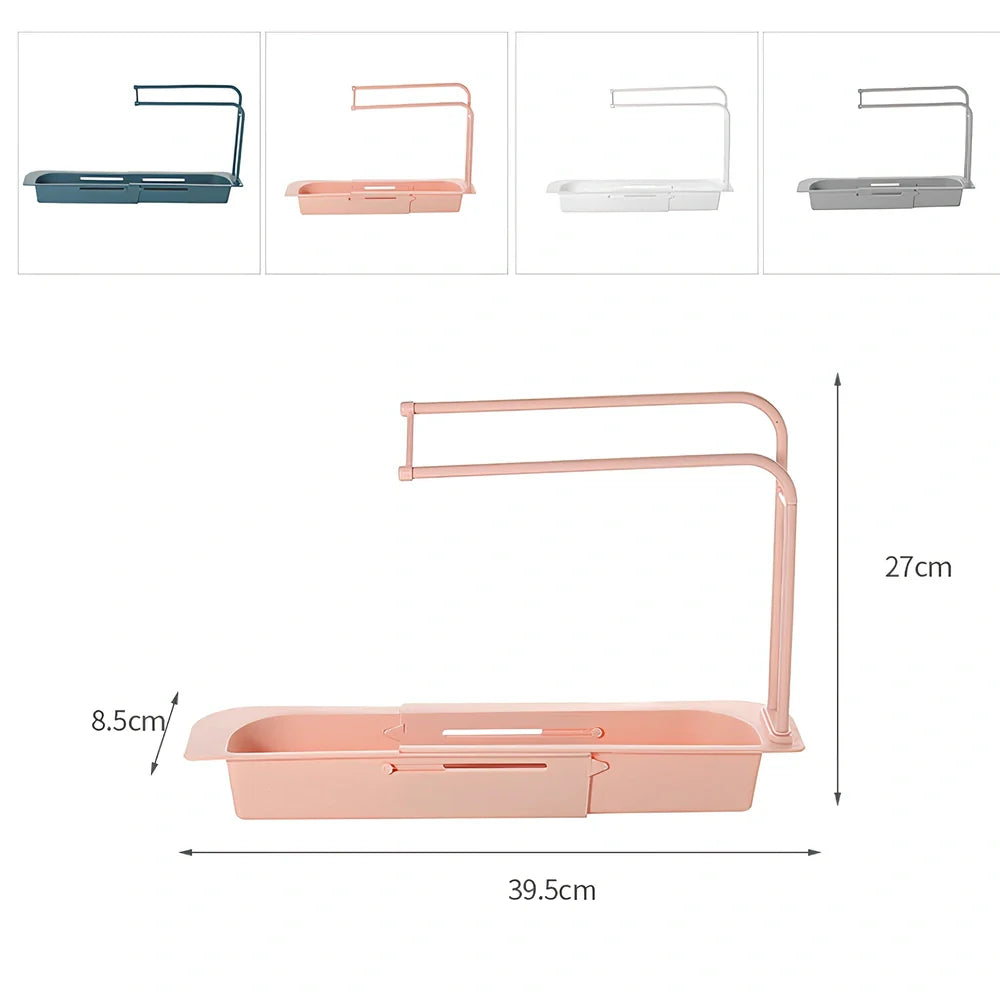 Blue telescopic sink rack holder with double-layer storage and drainage holes, mounted above kitchen sink