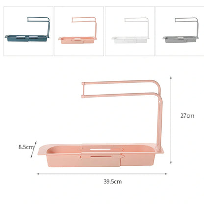 Blue telescopic sink rack holder with double-layer storage and drainage holes, mounted above kitchen sink