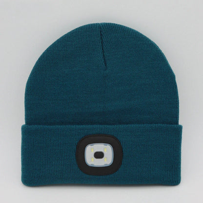 LED knit hat with glowing light for nighttime visibility and warmth