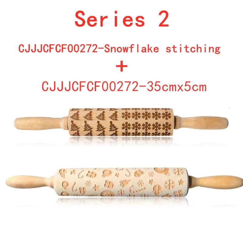 Wooden rolling pin with engraved Christmas patterns including reindeer and snowflakes on a 45cm long barrel.