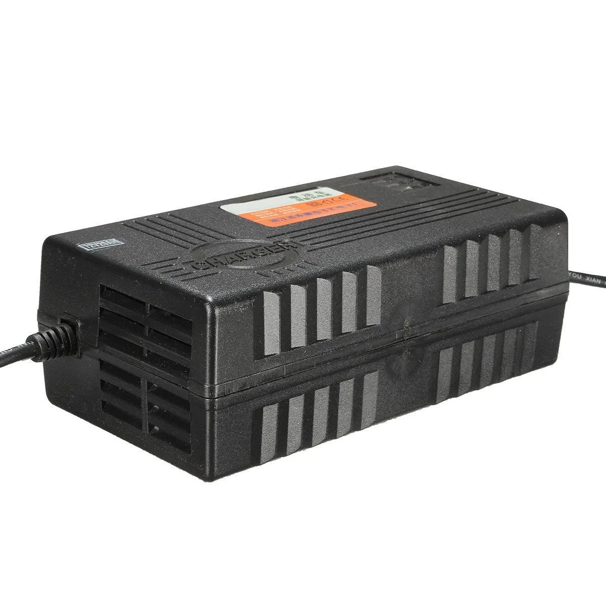 Black 72V20AH electric car charger with AU, EU, and US plug options shown, dimensions 165x87x63mm.