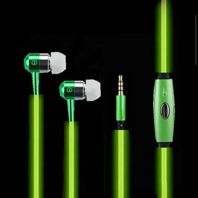 Blue Magic Light LED earphones with aluminium alloy shells and glowing EL lights, connected to a 3.5mm plug