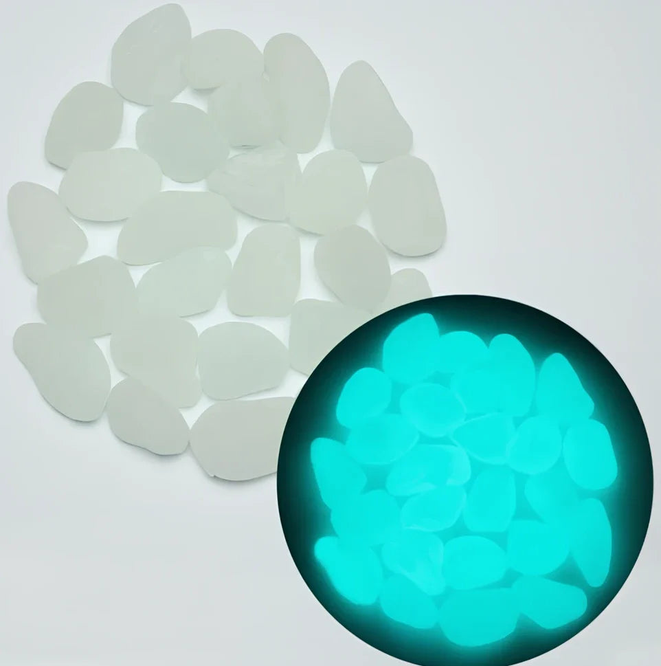 Blue, green, and white glow in the dark resin rocks for aquarium decoration with irregular shapes