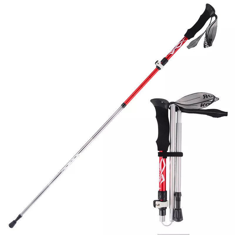 Five-section folding trekking pole in red, blue, black, or gold with adjustable length and diamond tip