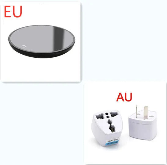 Black coffee mug warmer pad with temperature switch on desk