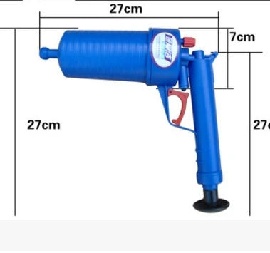 High-Powered Drain Blaster Gun with four interchangeable suction cups for clearing tough clogs in sinks, tubs, and toilets